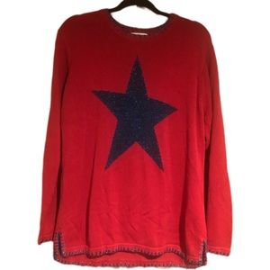 Quaker Factory Red  Holiday Sweater with Blue Glitter Stars on Front & Back.